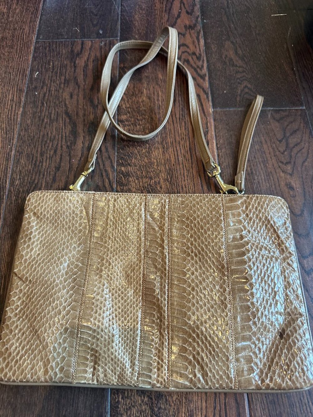 Vintage Genuine Snakeskin Leather Beige Crossbody Shoulder Bag